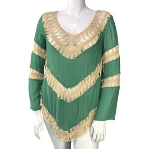 Umgee Womens Size L Blouse V Neck Long Sleeve Crochet Chevron Top Green USA Made